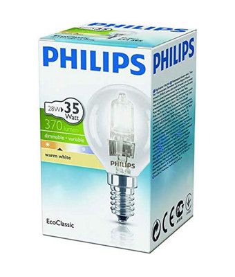 Philips Lighting 2 Pack Philips Ecoclassic 28W (35W) E14 SesGolf Ball Halogen BulbsP45/g45Warm WhiteDimmable from B&Q