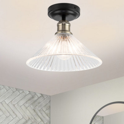 B&Q -  Bowley Bathroom Classic Ribbed Glass Ceiling Flush LightMatt Black