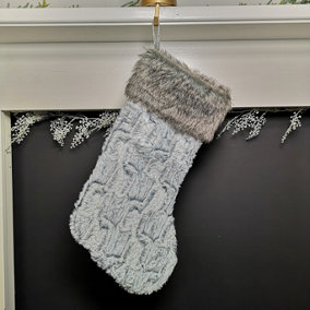 48cm Festive Christmas Stocking Hanging Decoration in Grey with Fur Trim