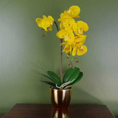 48cm Golden Orchid Artificial  - Yellow with Gold Pot