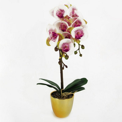 48cm Harlequin Orchid Artificial  - Pink with Gold Pot