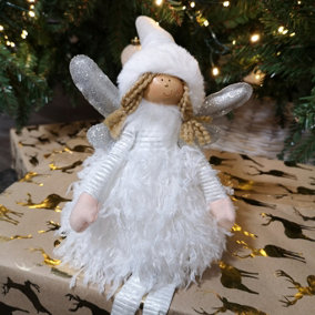 48cm Premier Christmas Sitting Angel Decoration with Dangly Legs in White & Silver