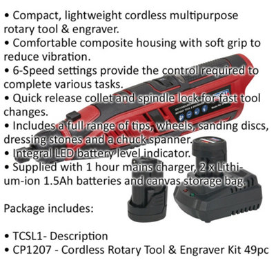49 Piece Multipurpose Rotary Tool & Engraver Kit - Cordless & Lightweight - 12V