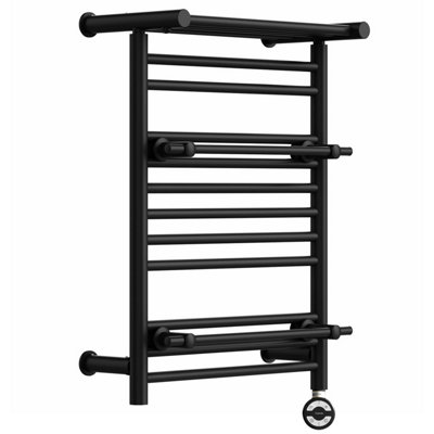 490mm Wide Electric Black Heated Towel Rail Radiator Top Shelf & Two ...
