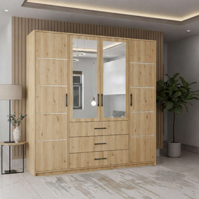 M N Furniture Ltd Bruno Modern 4-Door Wardrobe With Mirror With 3 Storage DrawersSpacious DesignArtisan W200Cm X H200Cm from B&Q