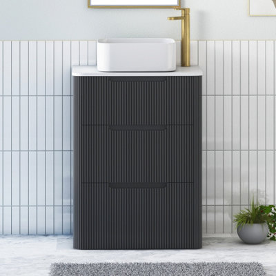 B&Q -  Avenza 600mm Matt Obsidian Black Floor Standing Countertop Bathroom Vanity Unit 3 Drawer With Elena Basin