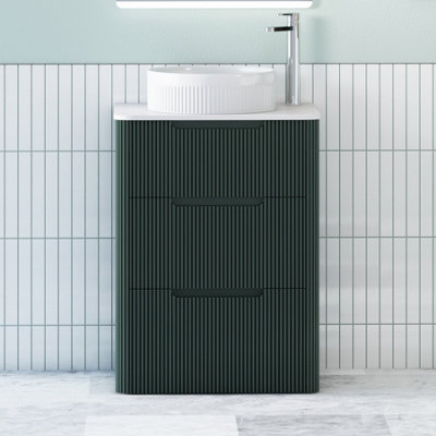 B&Q -  Avenza 600mm Deep Moss Green Floor Standing Countertop Bathroom Vanity Unit 3 Drawer With Round Basin