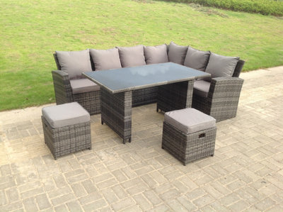 B&Q -  High Back Grey Mixed Rattan Corner Sofa Dining Set Table With Stools Black Tempered Glass 8 Seater