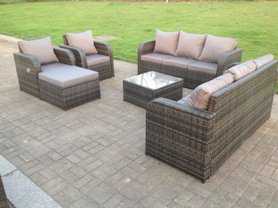 Fimous Wicker Pe Rattan Garden Furniture Set Lounge Sofa Reclining Chair Outdoor Big Footstool 9 Seater Grey