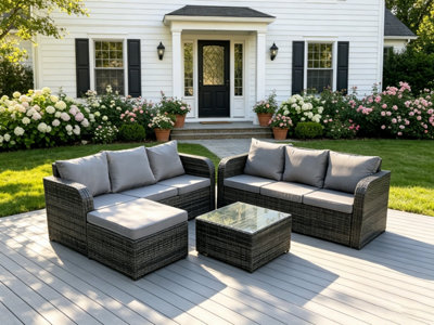 Fimous Mixed Pe Wicker Rattan Garden Furniture Set Lounge Sofa Outdoor Big Footstool 7 Seater Dark/Grey