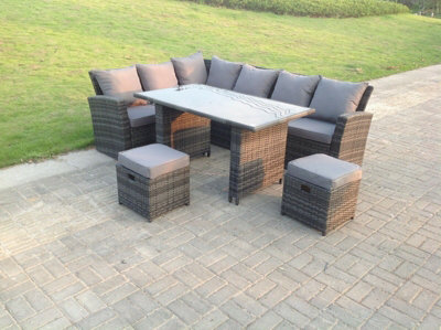 Fimous High Back Grey Mixed Rattan Corner Sofa Dining Set Table With Stools 8 Seater