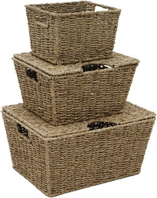  - Mantraraj Seagrass Set Of 3 Rectangular Lidded Storage Basket Small Boxes Multipurpose Seagrass Storage Basket With Insert Handles