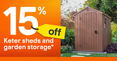 Shop 15% off selected Keter sheds & storage. Includes Keter Darwin 6x4 ft Apex Shed with floor & 1 window. Terms & conditions apply, see the *Promotional terms & conditions at the end of the page.