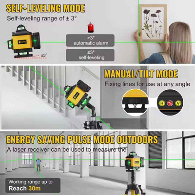 4D Laser Level, Green Beam Self Leveling Measuring Tool with 1M Tripod