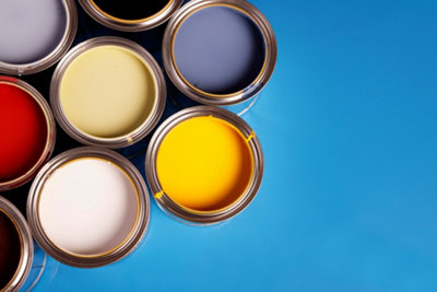 Small paint tins containing different paint colours.