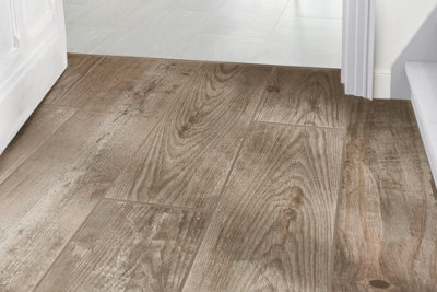 Wood effect bathroom tiles.