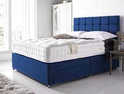 4FT Blue Linen Divan Bed Set With memory foam spring mattress 10 inch Headboard 20 inch and 2 Drawers