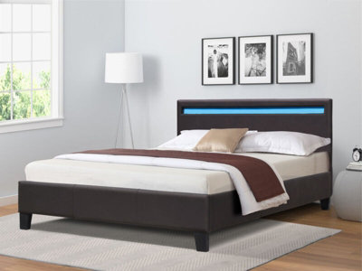 4ft Brown Faux Leather Modern Bed Frame With LED