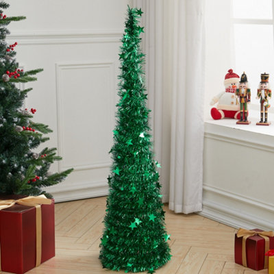 4ft Green Slim Pop Up Tinsel Christmas Tree Collapsible Xmas Tree with Base