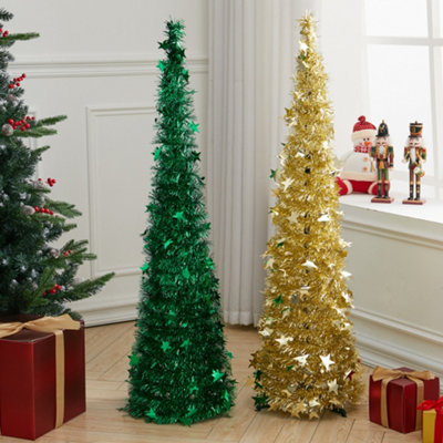 4ft Green Slim Pop Up Tinsel Christmas Tree Collapsible Xmas Tree with Base