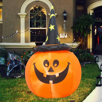 4FT Halloween Inflatable Pumpkin with Witch Hat & LED Lights