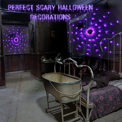 96 LED Halloween Spider Web Lights With Timer - Purple Cobweb With Black Spiders Battery Operated