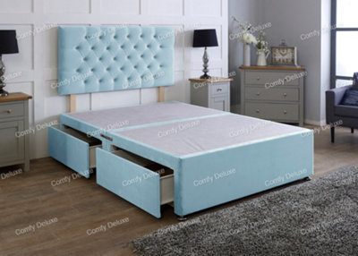 4FT Sky Blue Plush Small Double Divan Bed Base With Headboard No Drawers