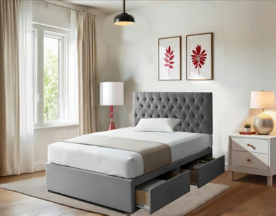 4FT Small Double Grey Suede Divan Bed Set With Mattress & 26 ...