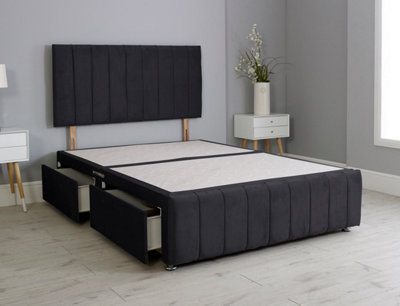 4FT Small Double Panel Black Plush Divan Bed Set Headboard & Footboard ...