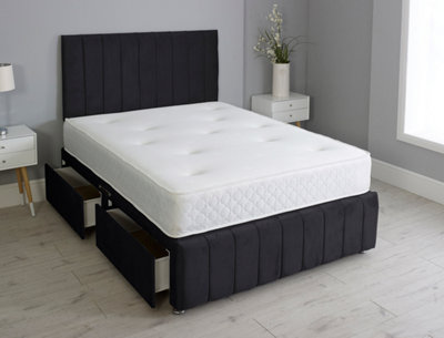 4FT Small Double Panel Black Plush Divan Bed Set Headboard & Footboard ...