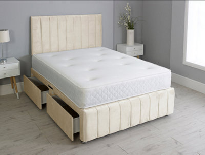 4FT Small Double Panel Cream Plush Divan Bed Set Headboard & Footboard ...
