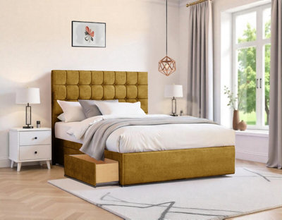 4FT Small Double Plush Mustard Divan Bed Set with 26'' Cube Headboard ...