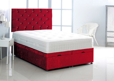 4FT Small Single Red Crush Velvet Foot Lift Ottoman Bed With Headboard & Mattress