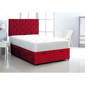 4FT Small Single Red Crush Velvet Foot Lift Ottoman Bed With Headboard & Mattress
