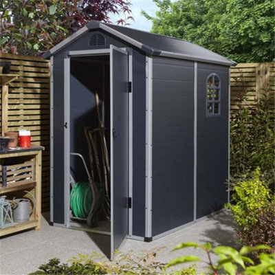 4ft x 6ft Deluxe Stratton Plastic Shed Single Door Apex Shed With Assembly & Foundation Kit - Dark Grey