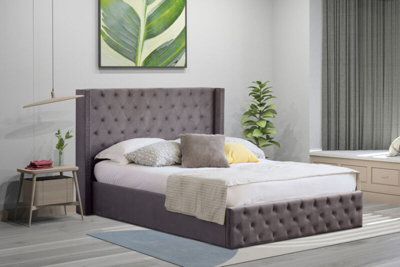 4ft6 Comfy Living Winged Plush Velvet Fabric Ottoman Storage Bed Frame with Headboard in Dark Grey