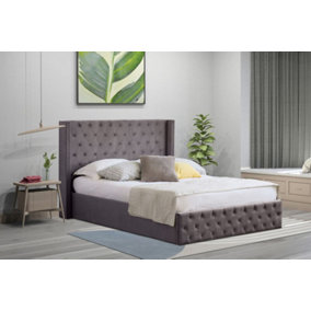 4ft6 Comfy Living Winged Plush Velvet Fabric Ottoman Storage Bed Frame with Headboard in Dark Grey