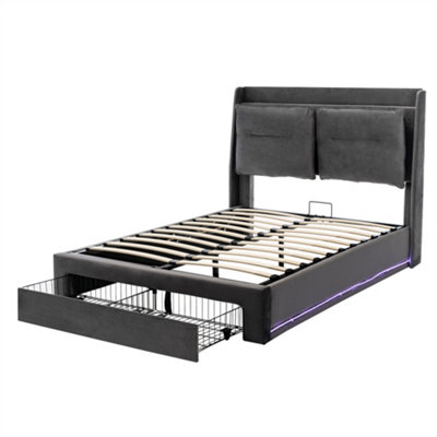 4FT6, Double Bed, 2-in-1 Storage Drawers at the End of the Bed, Recessed LED Light Strips, Velvet,Dark gray 