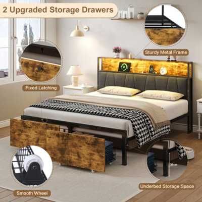 4ft6 Double Bed Frame with 2 Storage Drawers, RGB LED Headboard ...