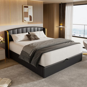 4ft6, Double Bed, Gold Edge Ear Design, Bed Box with Storage, PU, With Slat Frame and Headboard, Without Mattress, Black 