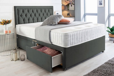 4FT6 Double Dark Grey Linen Divan Bedset with Buttoned Sturt 20-Inch Headboard & 10-Inch Mattress with 2 Drawers