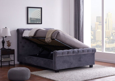 4ft6 Double Grey fabric upholstered scroll,buttoned,chesterfield,gas ...