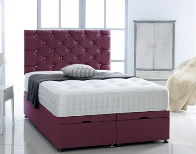 4FT6 Double Maroon Chenille Foot Lift Ottoman Bed With Headboard & Mattress