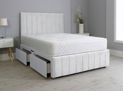 4FT6 Double Panel White Plush Divan Bed Set Headboard & Footboard 2 ...
