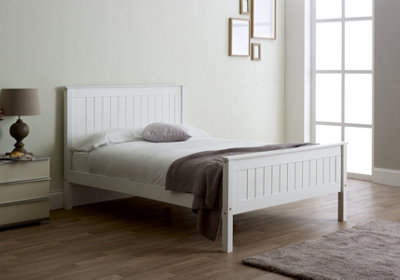 4ft6 Double Pure white,wood bed fame wooden high foot end,solid panel ...