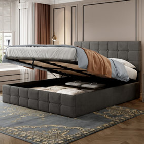 4ft6 Double Upholstered Bed Frame, Velvet Ottoman Lift Storage, Grey