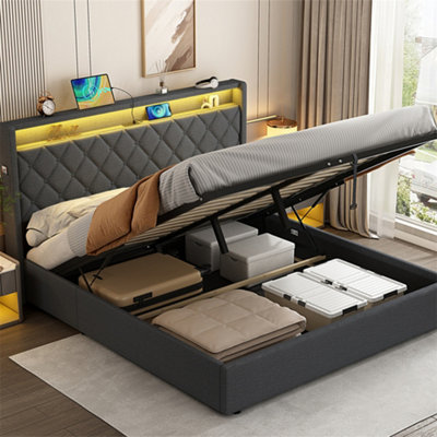 4ft6 Double Upholstered Bed Frame with Hydraulic Storage and LED ...