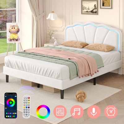 4ft6 Double Upholstered Bed with LED Adjustable Shell Headboard, Velvet ...