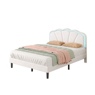 4ft6 Double Upholstered Bed with LED Adjustable Shell Headboard, Velvet ...