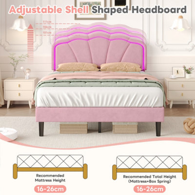 Full Bed Frame With 4 Drawers, LED Lights,Princess Velvet Upholstered Platform Bed For Girls,Adjustable Headboard-Crown,Heavy Steel Slats Support